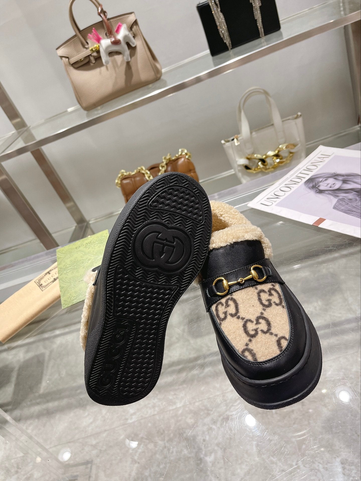 GG Snow Boots Black Beige Calfskin Suede Wool 576246