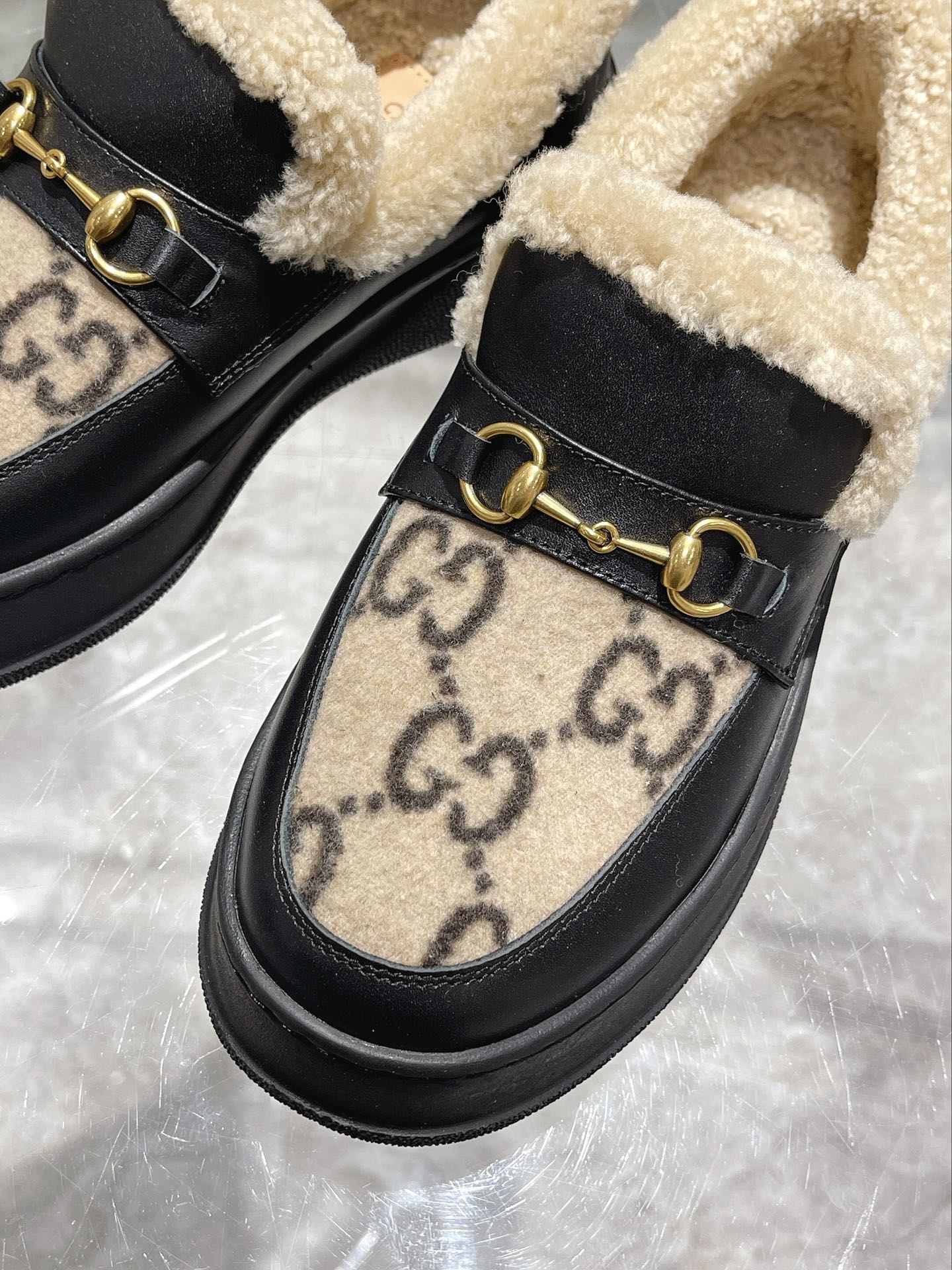 GG Snow Boots Black Beige Calfskin Suede Wool 576246