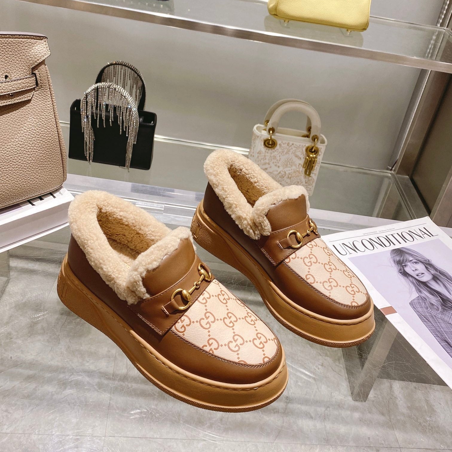 GG Snow Boots Brown Beige Cowhide Wool 576235