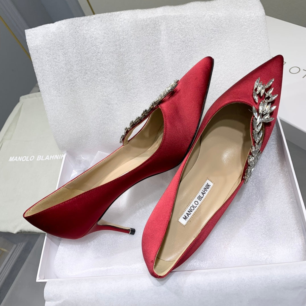 Manolo Wheat Ear Rhinestone Pumps Dark Red Silk Fabric 306595