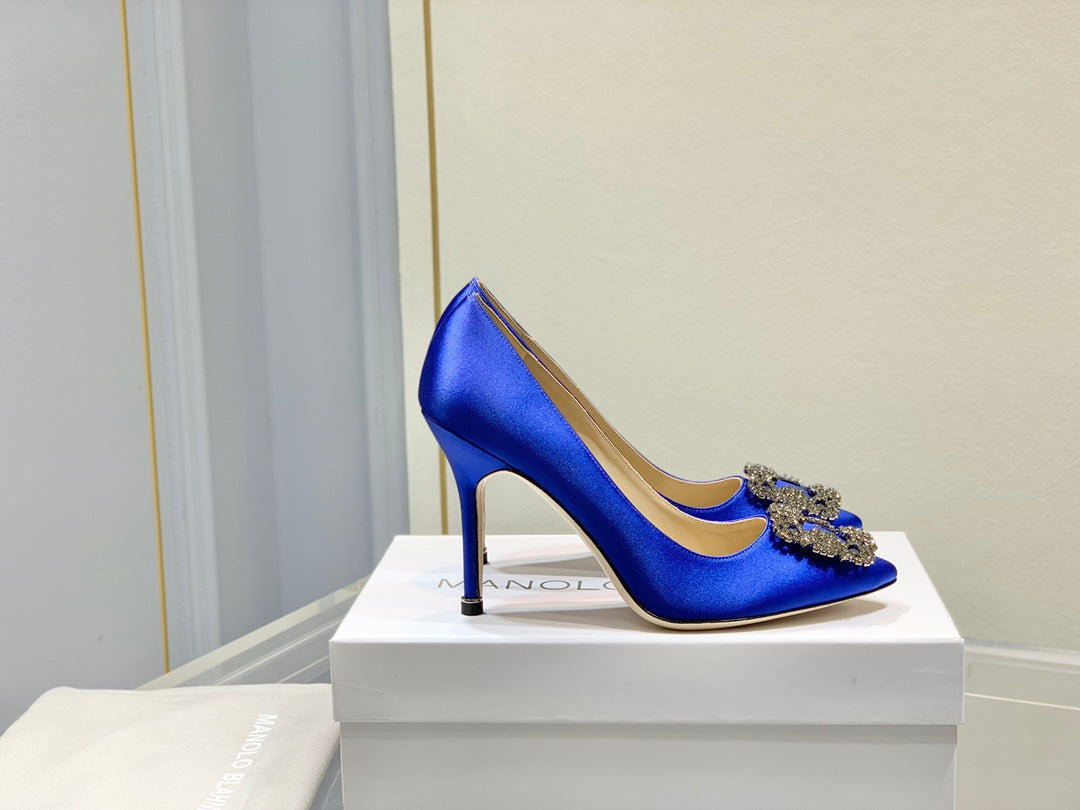 Manolo Diamond Buckle Pumps 10cm Navy Blue Silk 574252