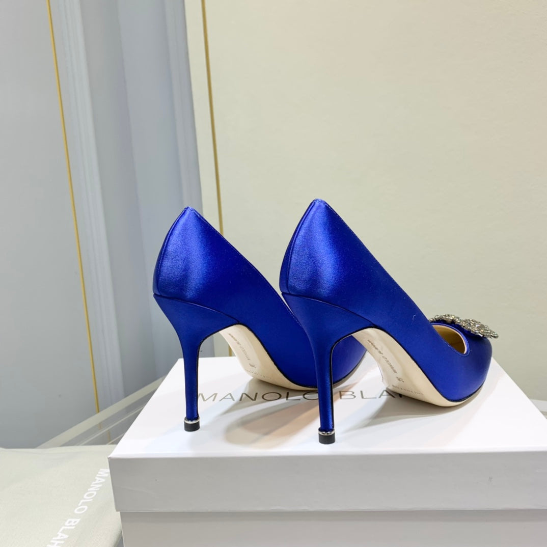 Manolo Diamond Buckle Pumps 10cm Navy Blue Silk 574252