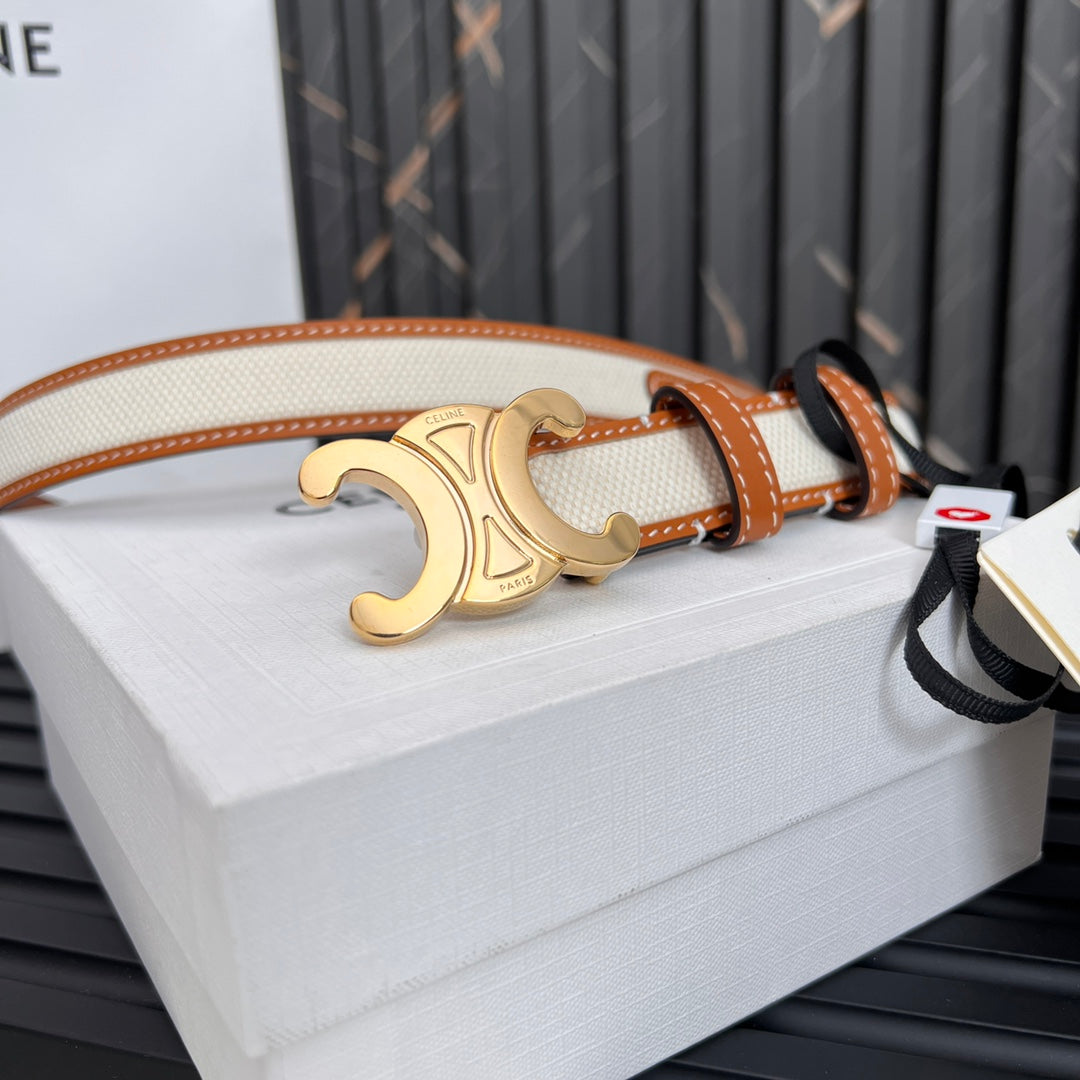 CEL 25mm Triomphe Belt in Taurillon Brown White Canvas 176292