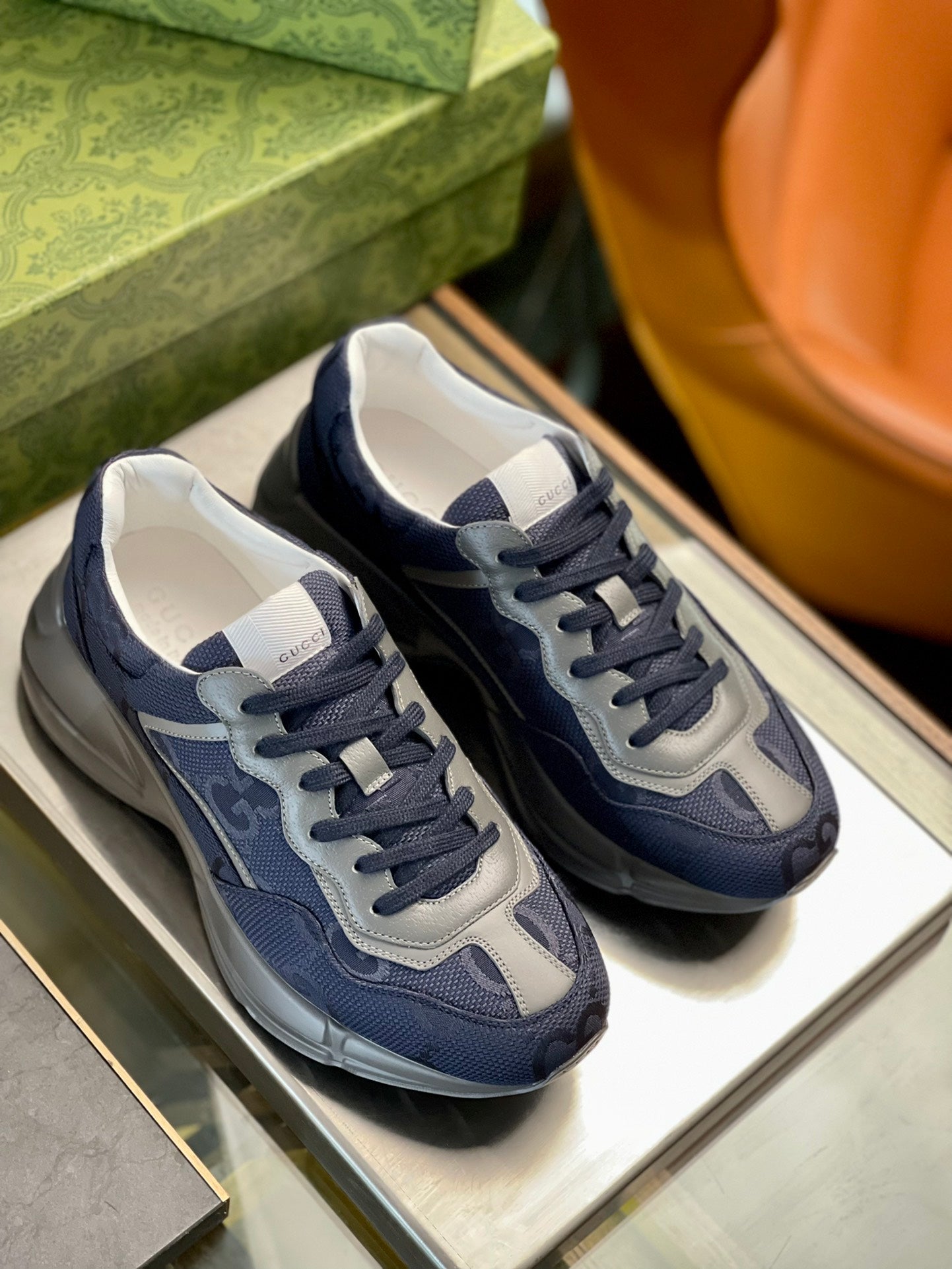 GG Men's Rhyton Sneaker Technical Knit Cowhide 524507