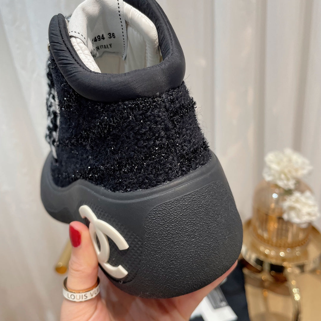 CC Sneaker In Black Tweed Fabric 144805
