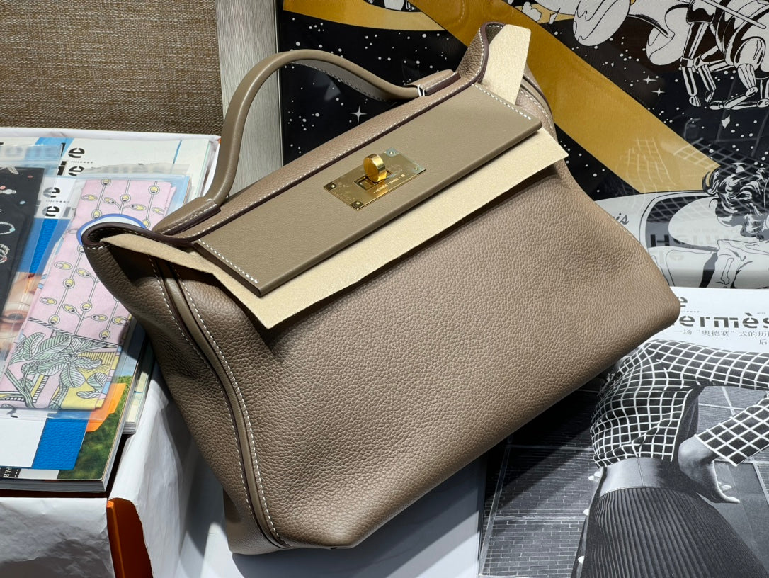 HM 24/24 Bag Etoupe Leather Gold Hardware