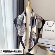 CC Square Scarf 90 CM In White Black Mix Grey Light Beige Silk 288698