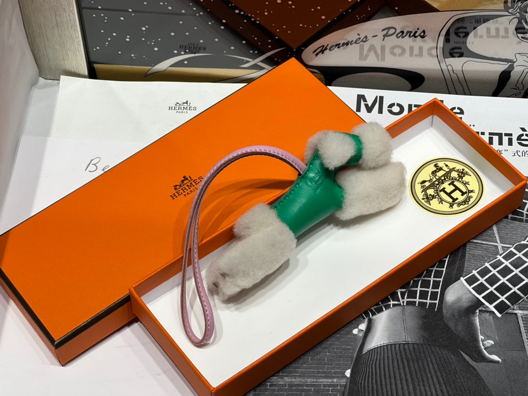 HM Budy Puppy Pendant Charm Green White Wool Cowhide