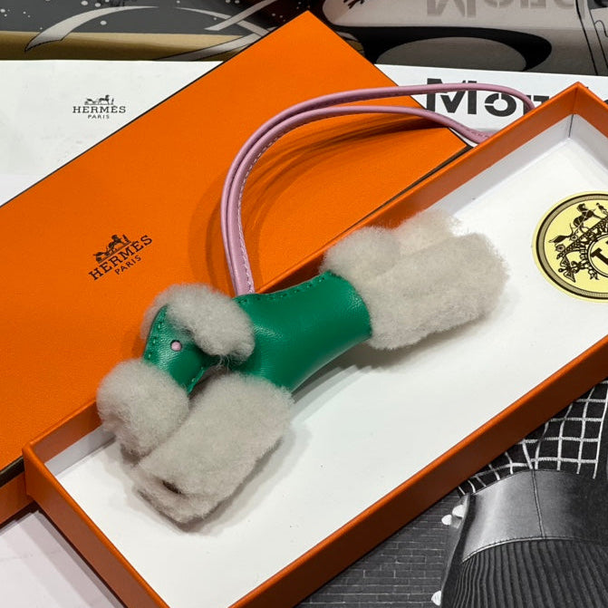 HM Budy Puppy Pendant Charm Green White Wool Cowhide