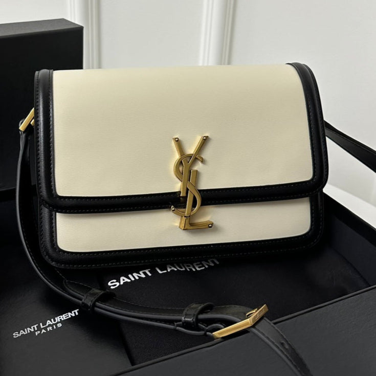 YSL Solferino Small Satchel Bag Black White Gold Calfskin 339413