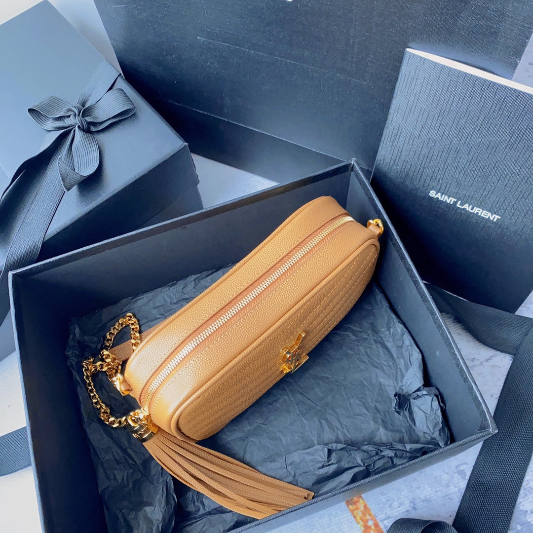 LOU MINI CAMERA BAG 19 IN MANGO ORANGE CAVIAR PATTERN CALFSKIN GOLD HARDWARE