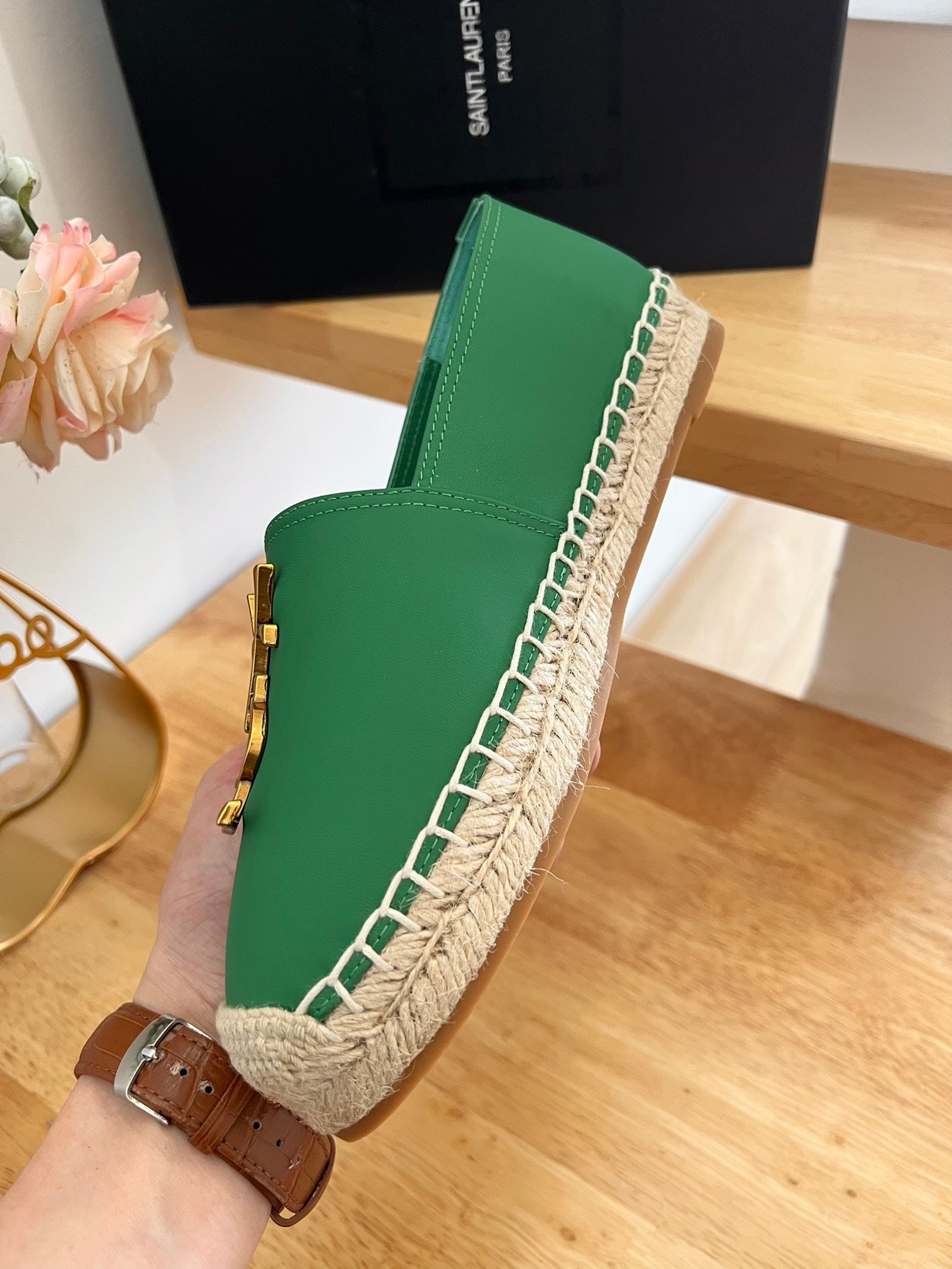 SL YVES LOGO SLIP ON DARK GREEN CALFSKIN