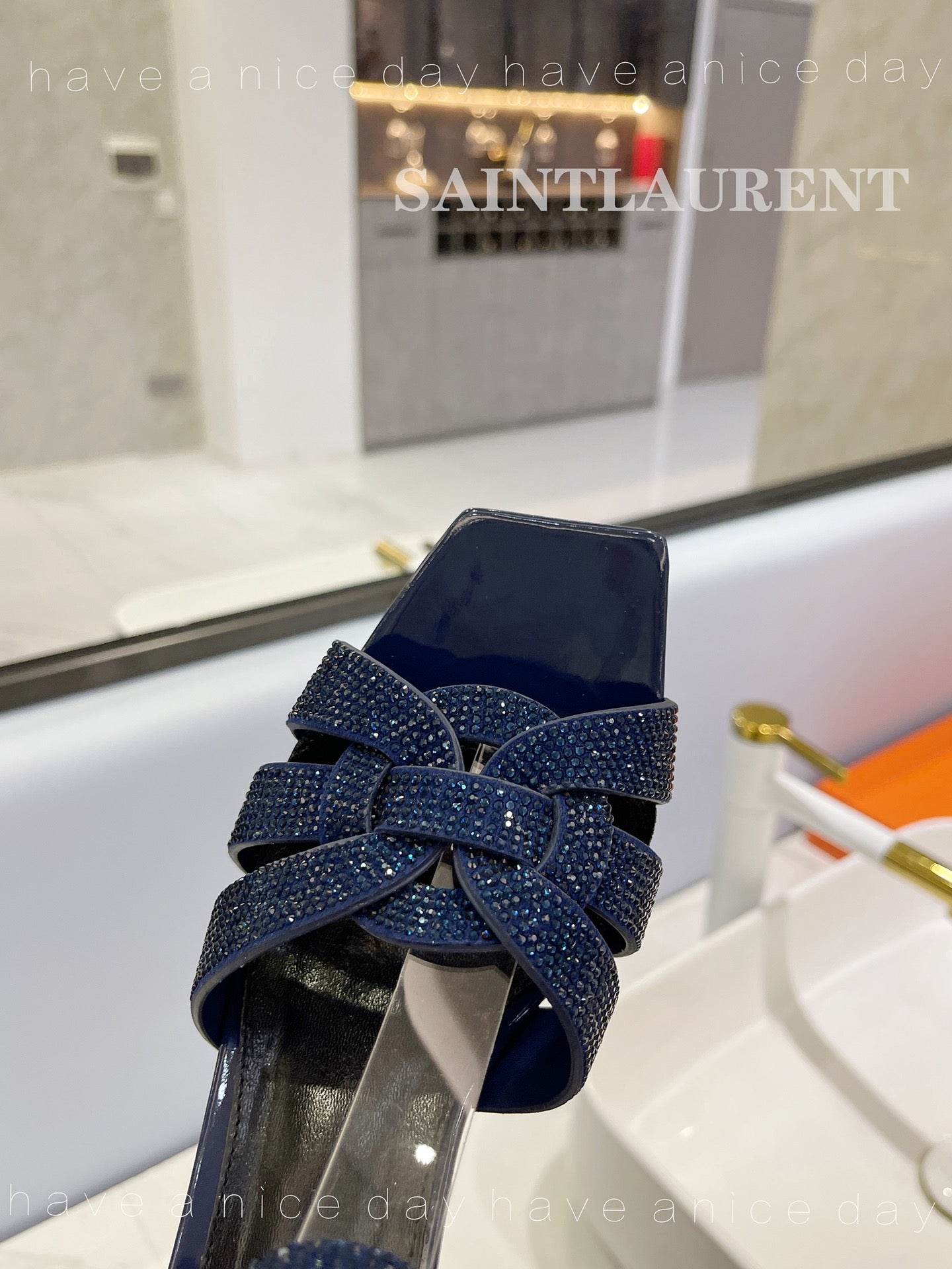 SL TRIBUTE CRYSTAL SANDALS GLOSSY NAVY CALFSKIN