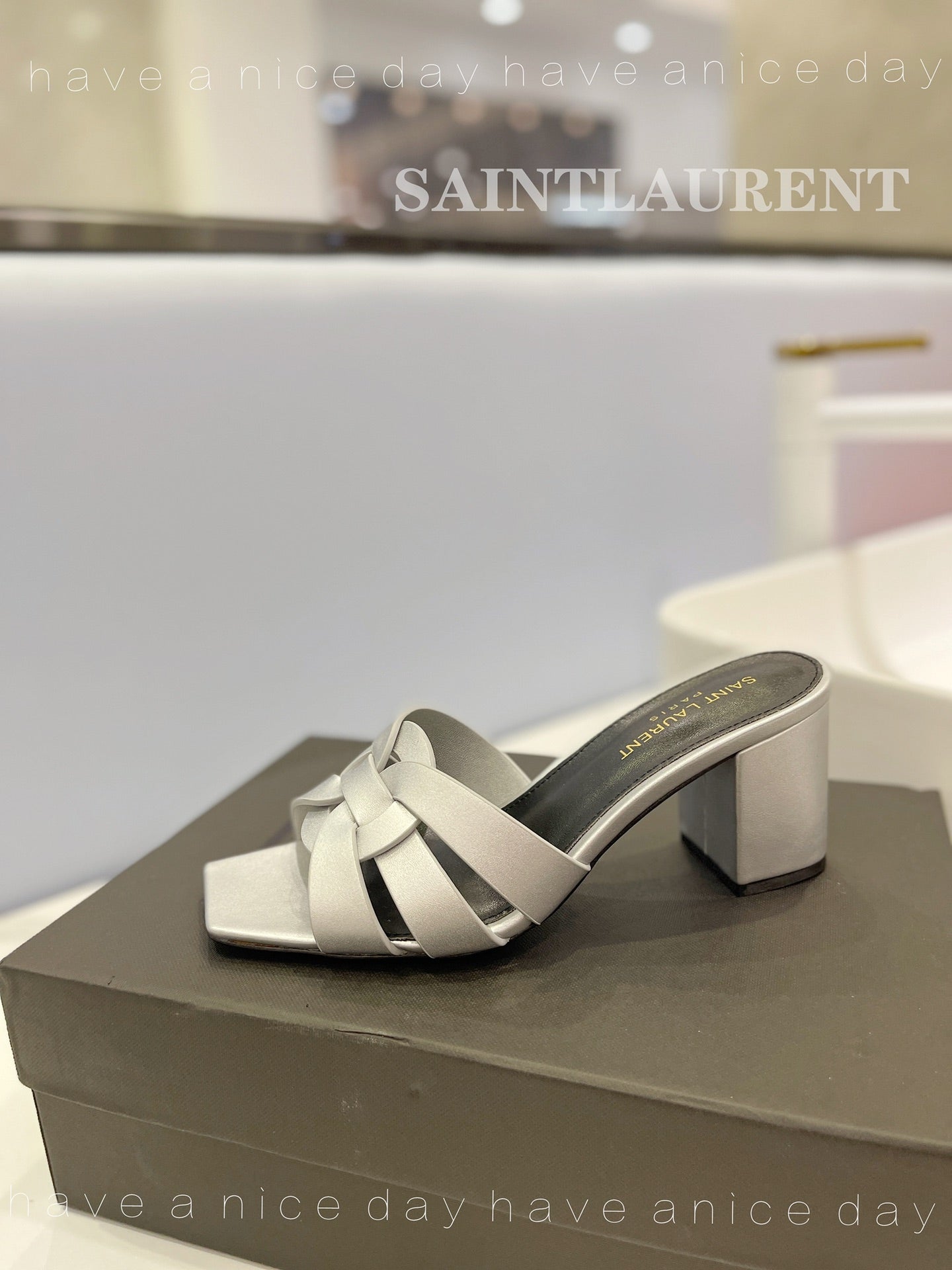 SL TRIBUTE MULES SILVER CALFSKIN