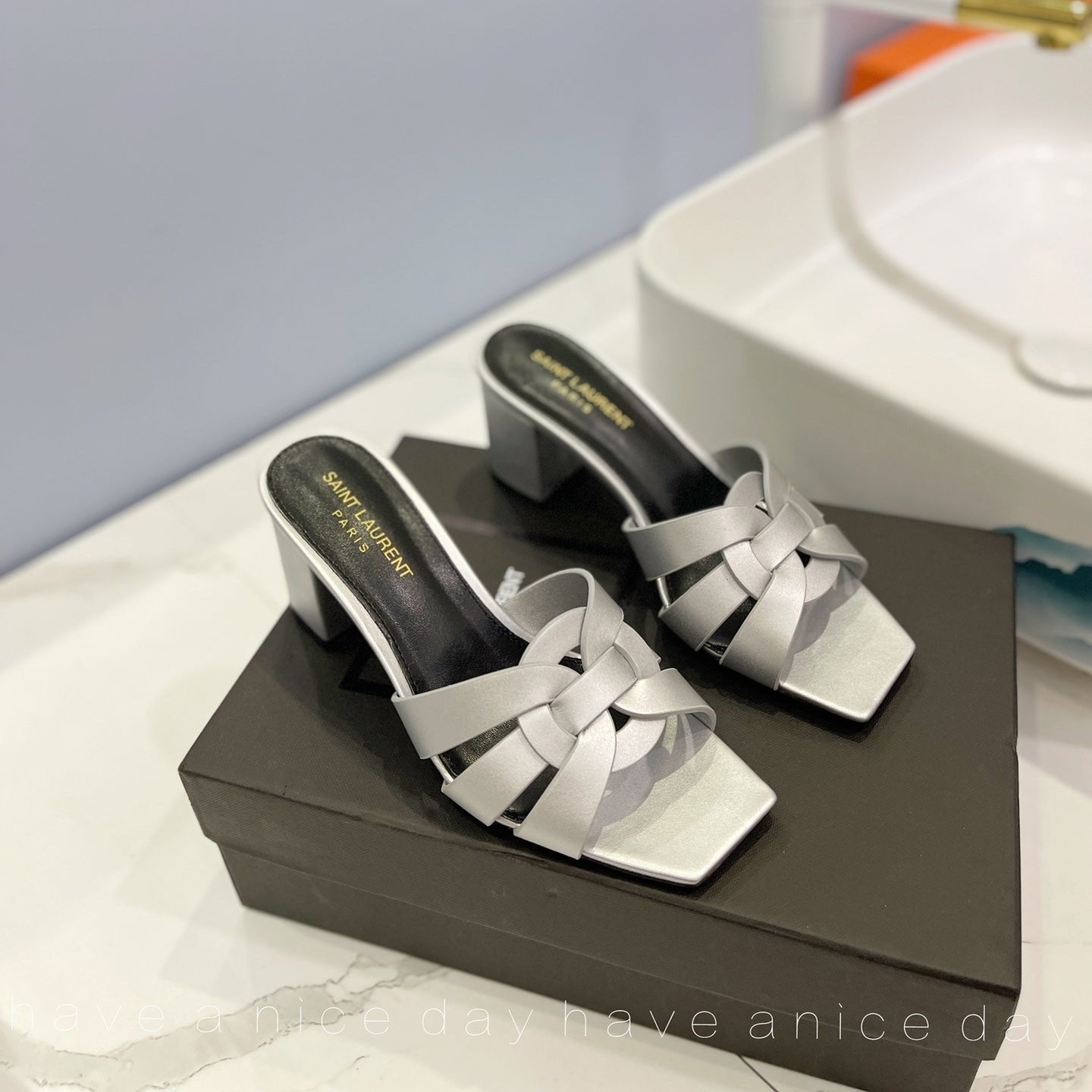 SL TRIBUTE MULES SILVER CALFSKIN