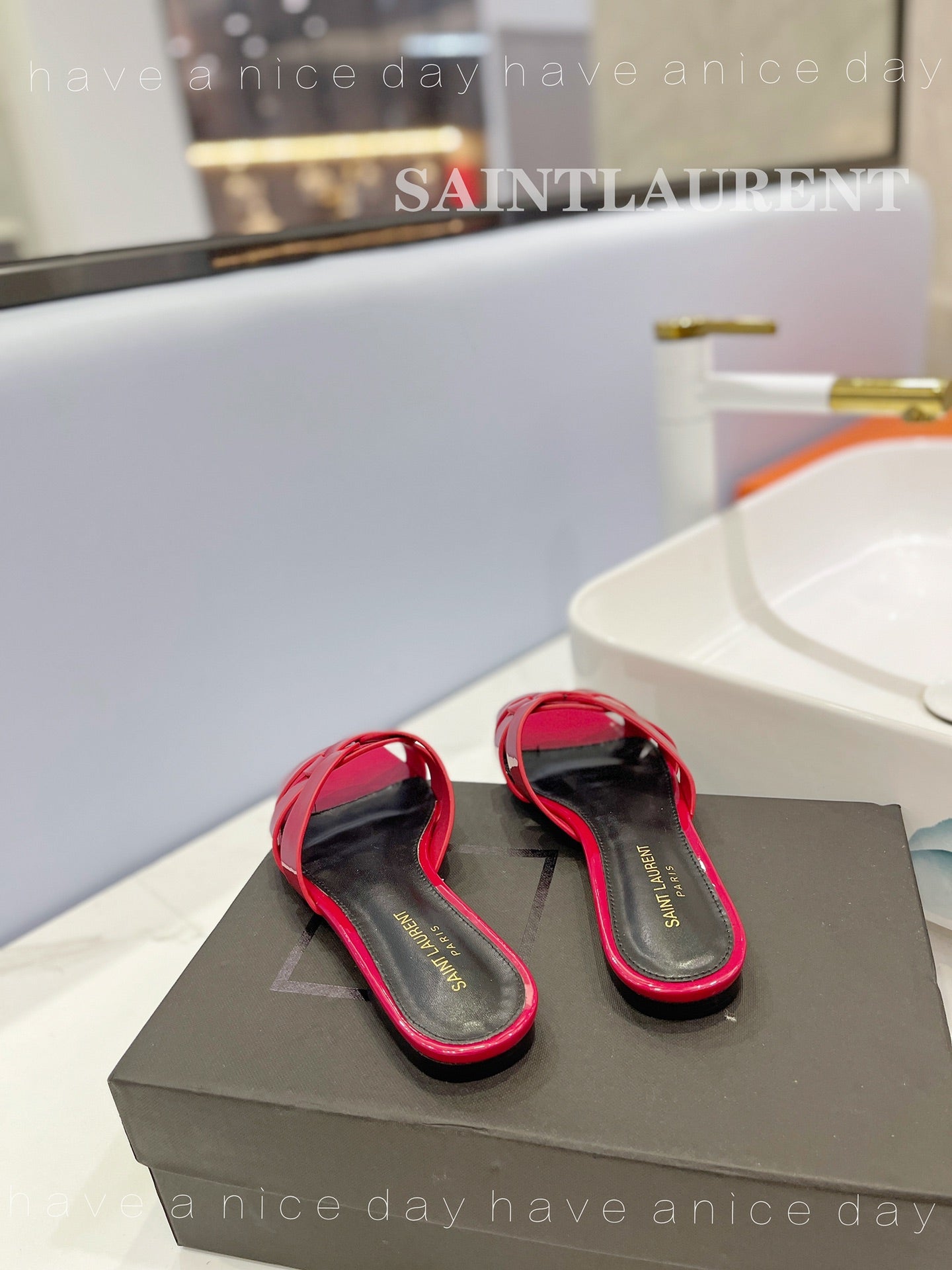 SL TRIBUTE SLIPPERS GLOSSY RED CALFSKIN