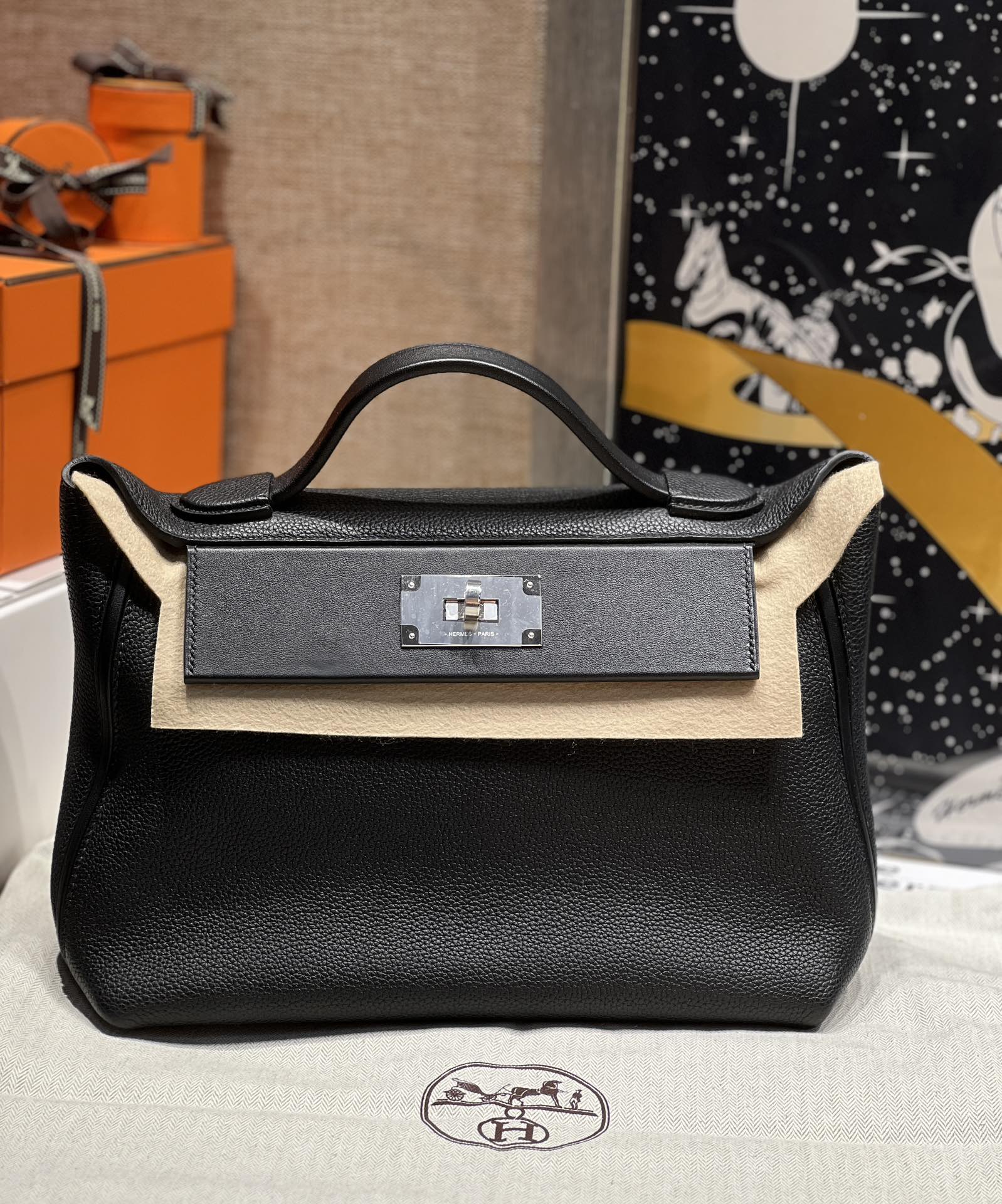 HM 24/24 Bag Black Leather Silver Hardware