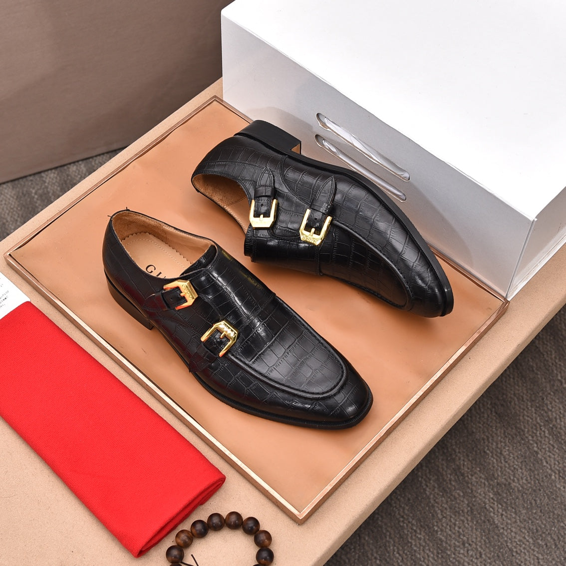 GG Men's Double Monk Strap Loafer Black Embossed Cowhide