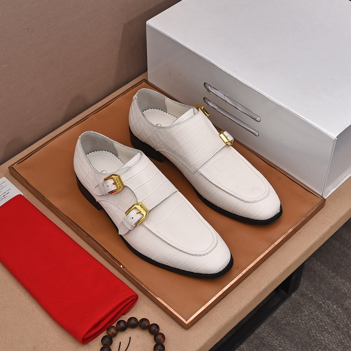 GG Men's Double Monk Strap Loafer White Embossed Cowhide