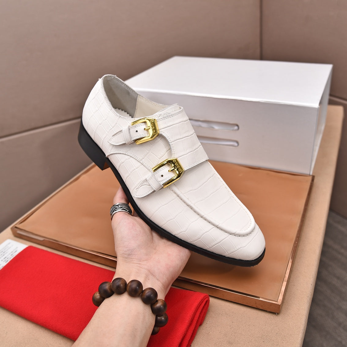 GG Men's Double Monk Strap Loafer White Embossed Cowhide