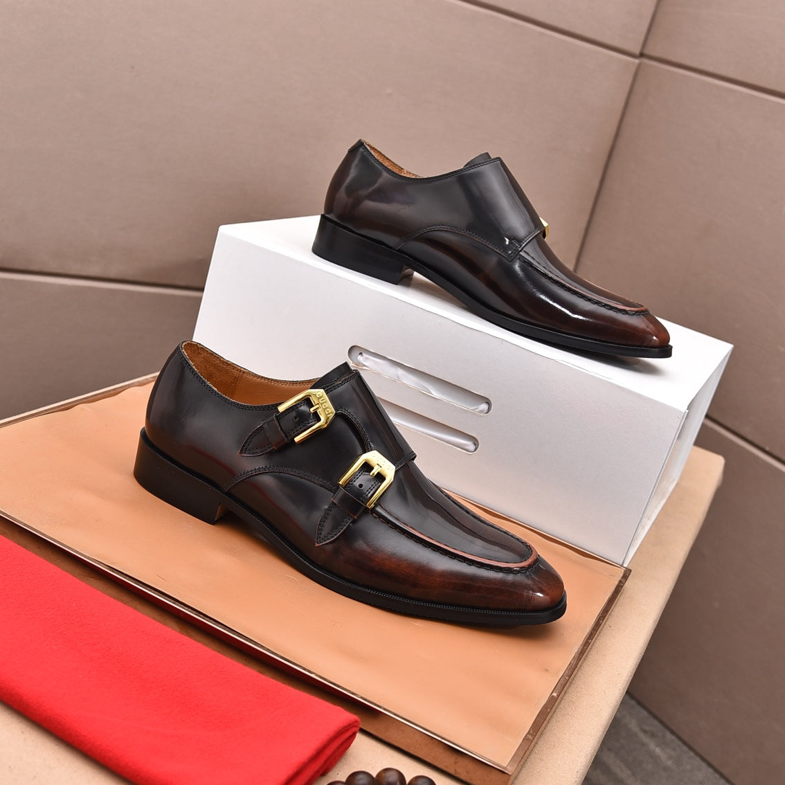 GG Men's Double Monk Strap Loafer Black Brown Cowhide