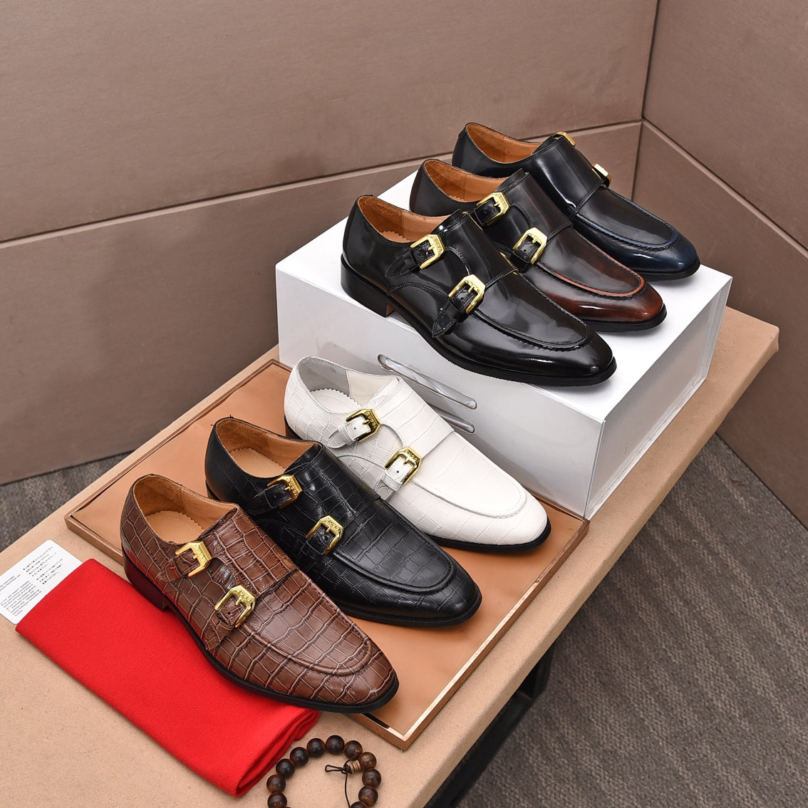 GG Men's Double Monk Strap Loafer Black Brown Cowhide