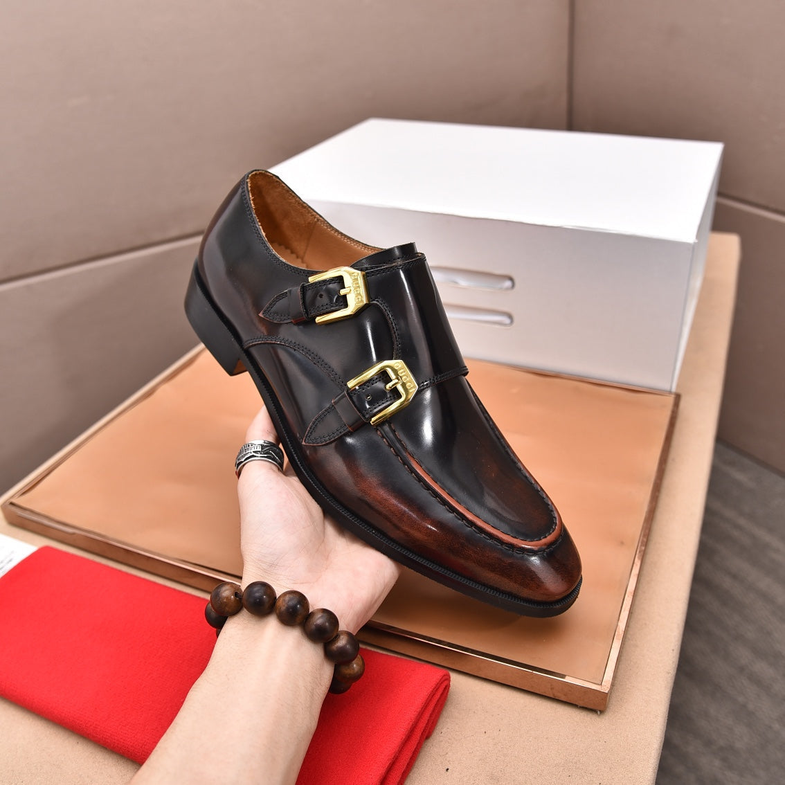 GG Men's Double Monk Strap Loafer Black Brown Cowhide