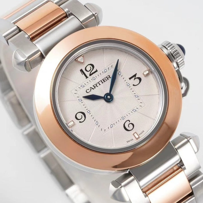 pasha 30mm quartz pink gold steel white dial