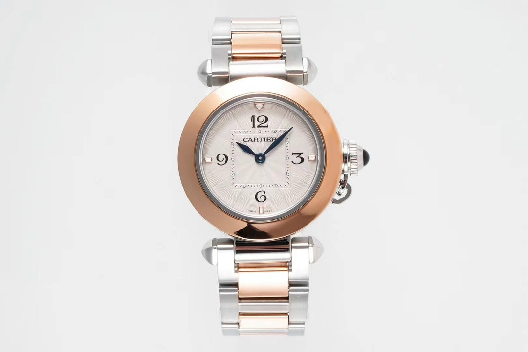 pasha 30mm quartz pink gold steel white dial