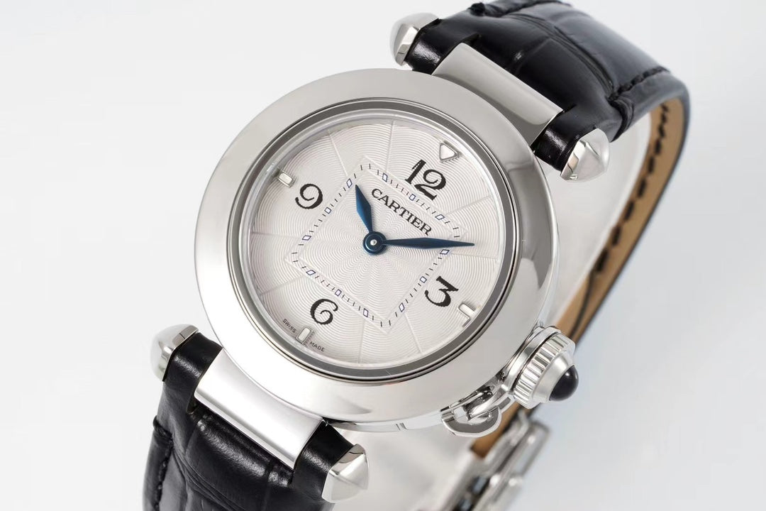 pasha 30mm quartz stainless steel white dial black leather