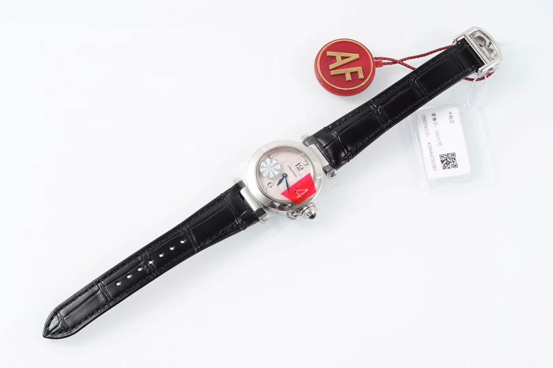 pasha 30mm quartz stainless steel white dial black leather