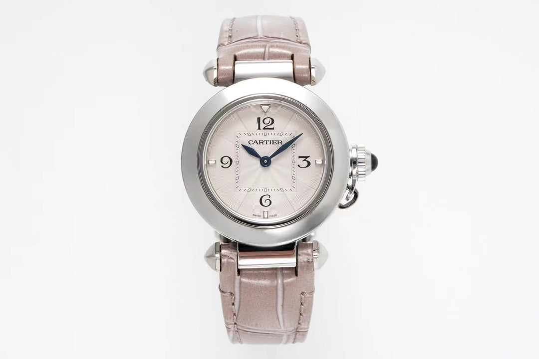pasha 30mm quartz stainless steel pink dial light brown leather