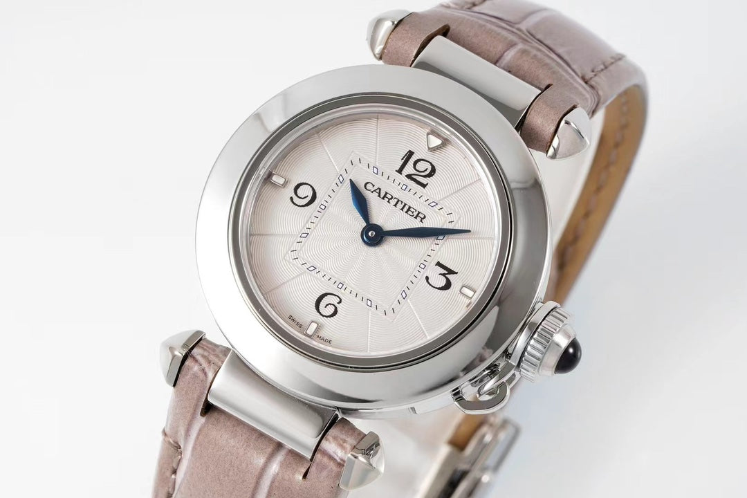 pasha 30mm quartz stainless steel pink dial light brown leather