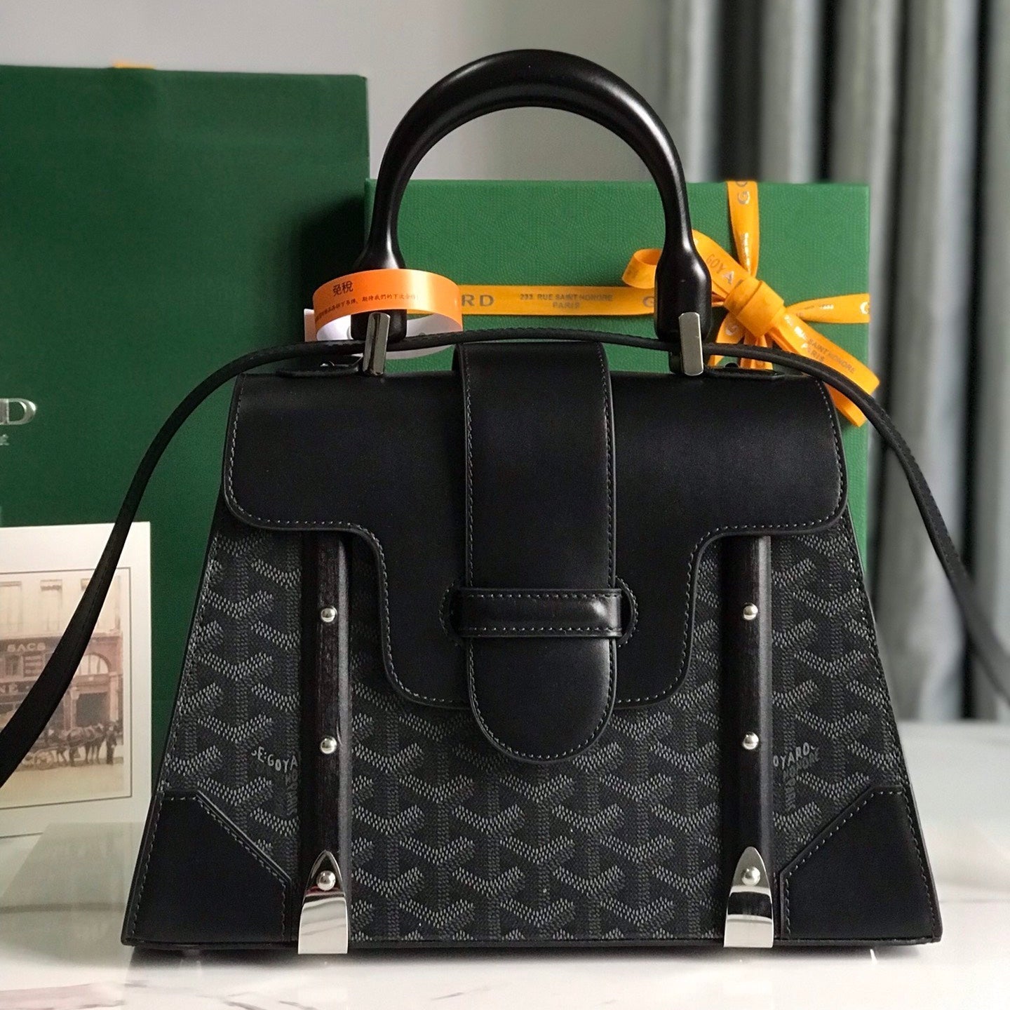 SAÃGON PM BAG 28 IN BLACK GOYARDINE CANVAS AND CALFSKIN