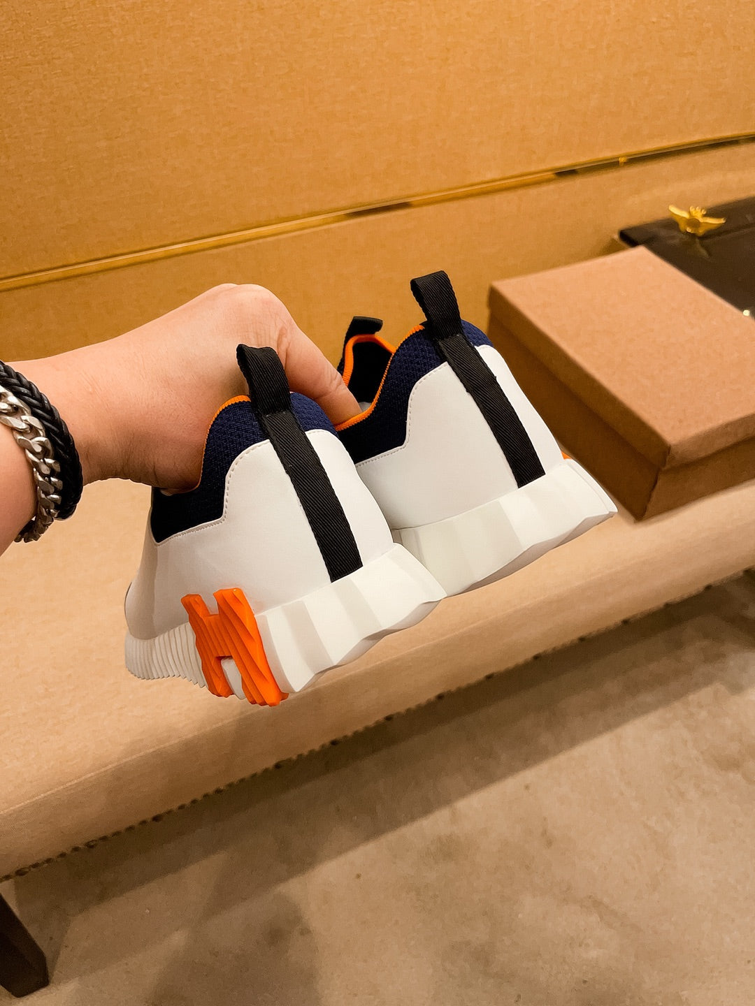 HM Men's Depart Slip-on Sneaker White Blue Knit Cowhide 263681