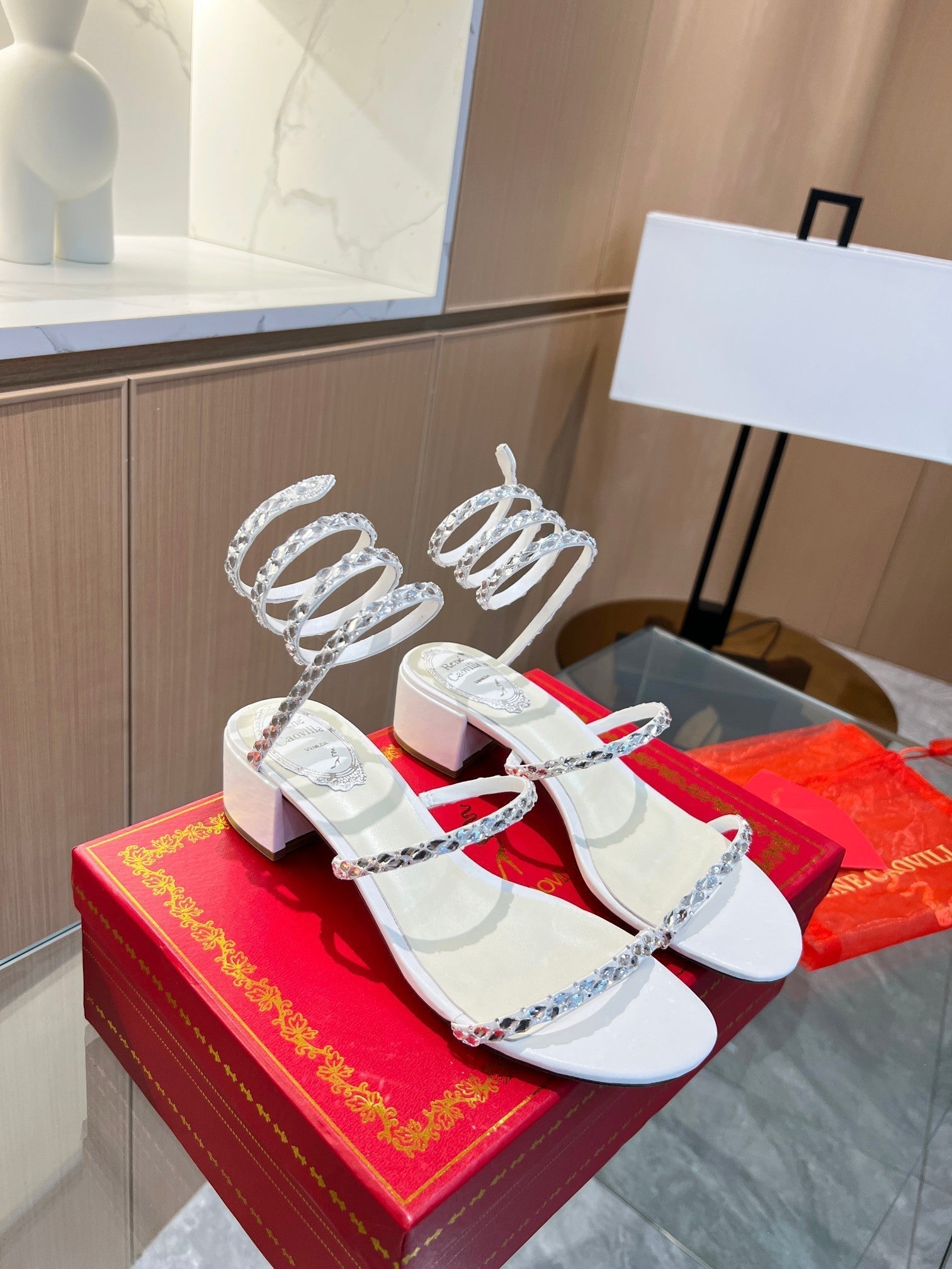RC Diamond Sandals White Silk Creole Glass Diamond 341982