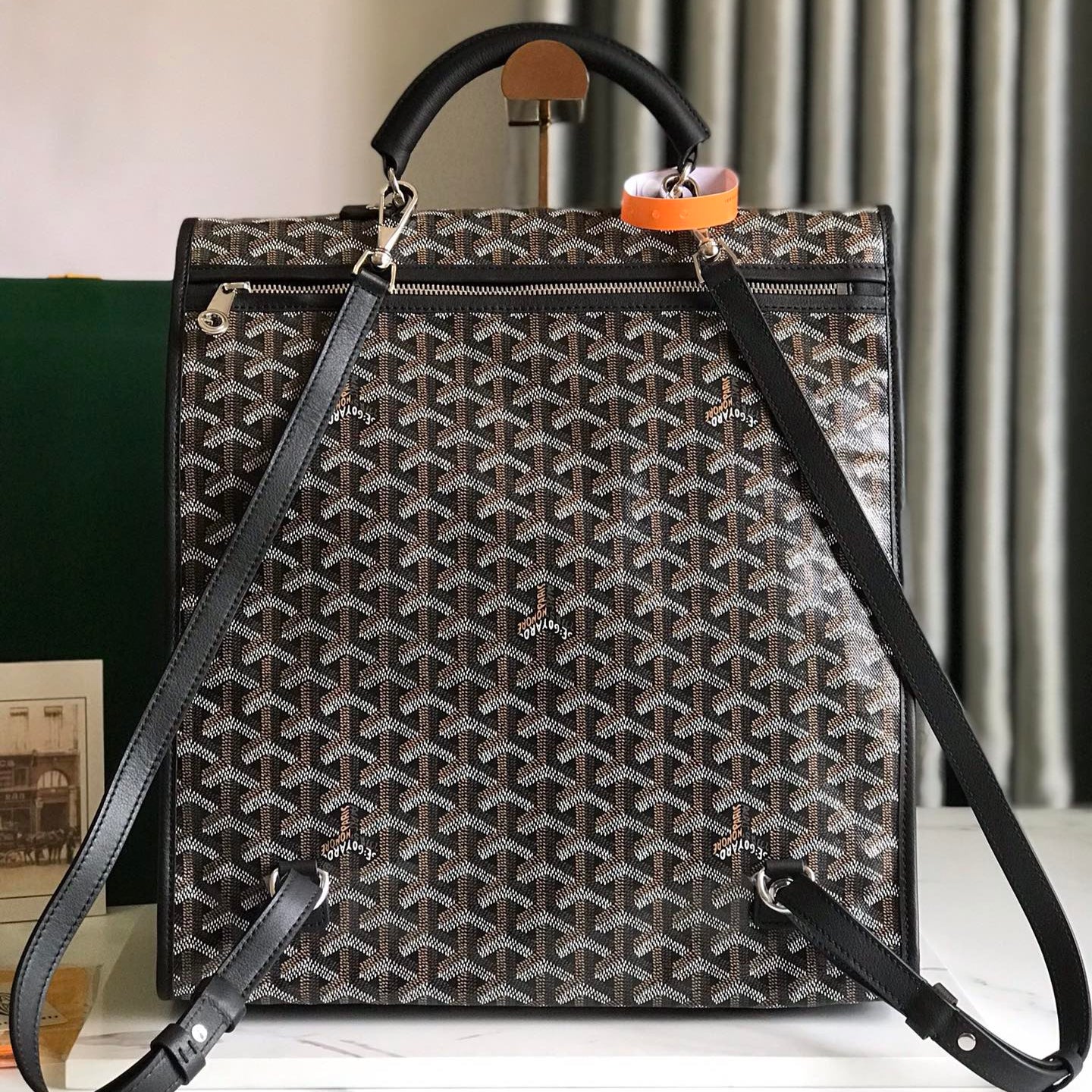 SAINT LÃ‰GER BACKPACK 35 IN BROWN MIX BALCK GOYARDINE CANVAS AND CALFSKIN WITH CARTOON PATCH