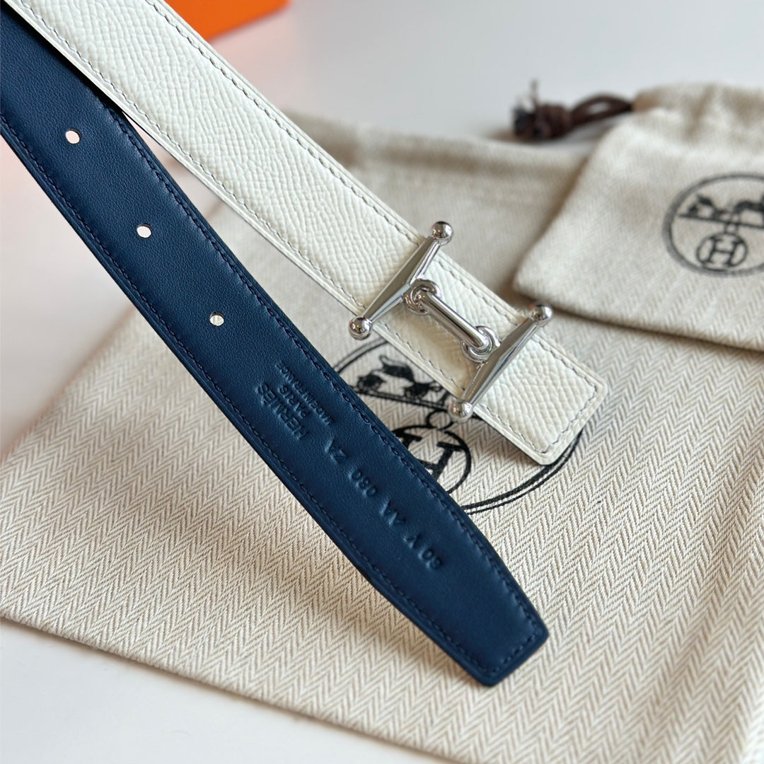 HM Silver Mors H buckle & Reversible 24 mm belt Blue Beige leather 125369