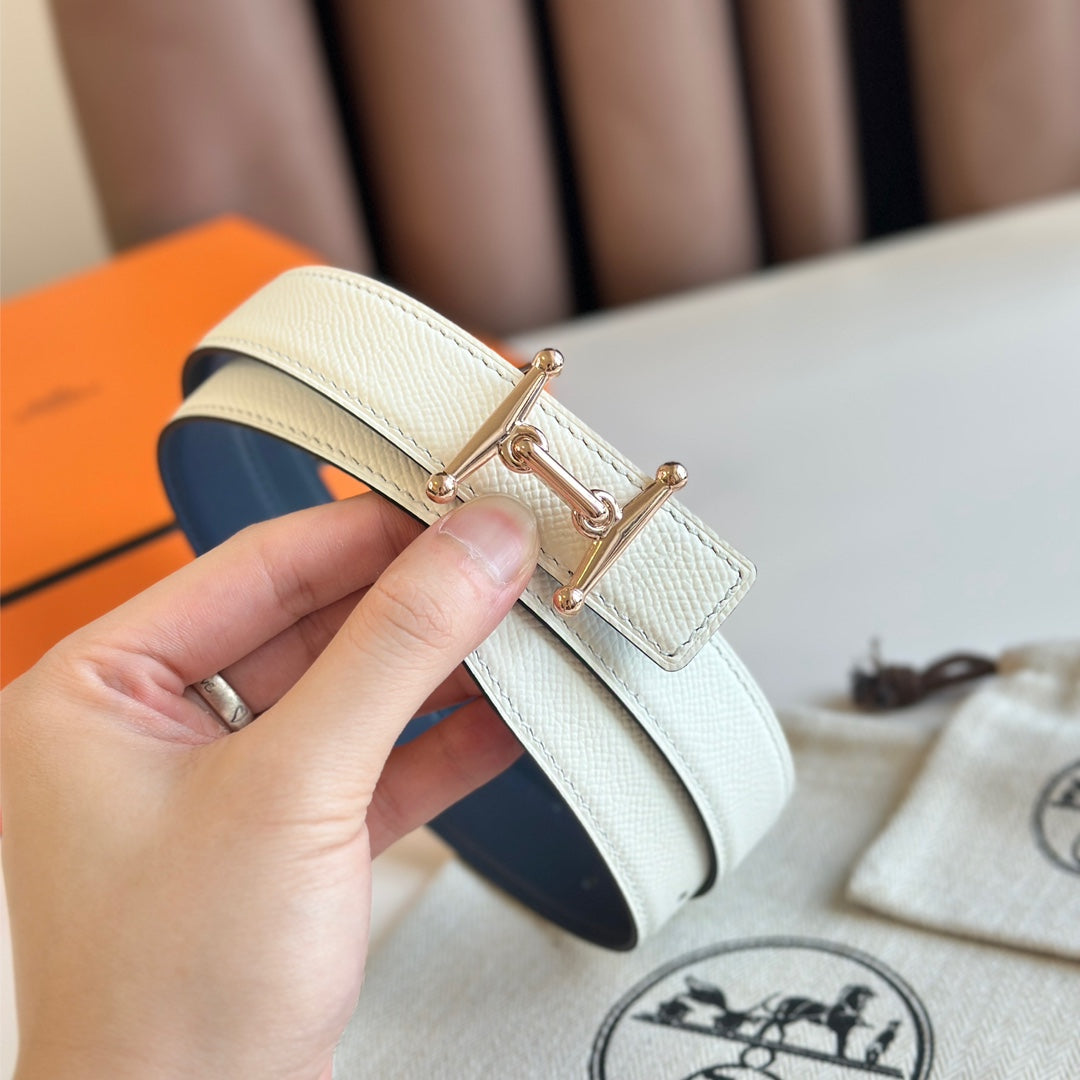 HM Pink Gold Mors H buckle & Reversible 24 mm belt Blue Beige leather 125370