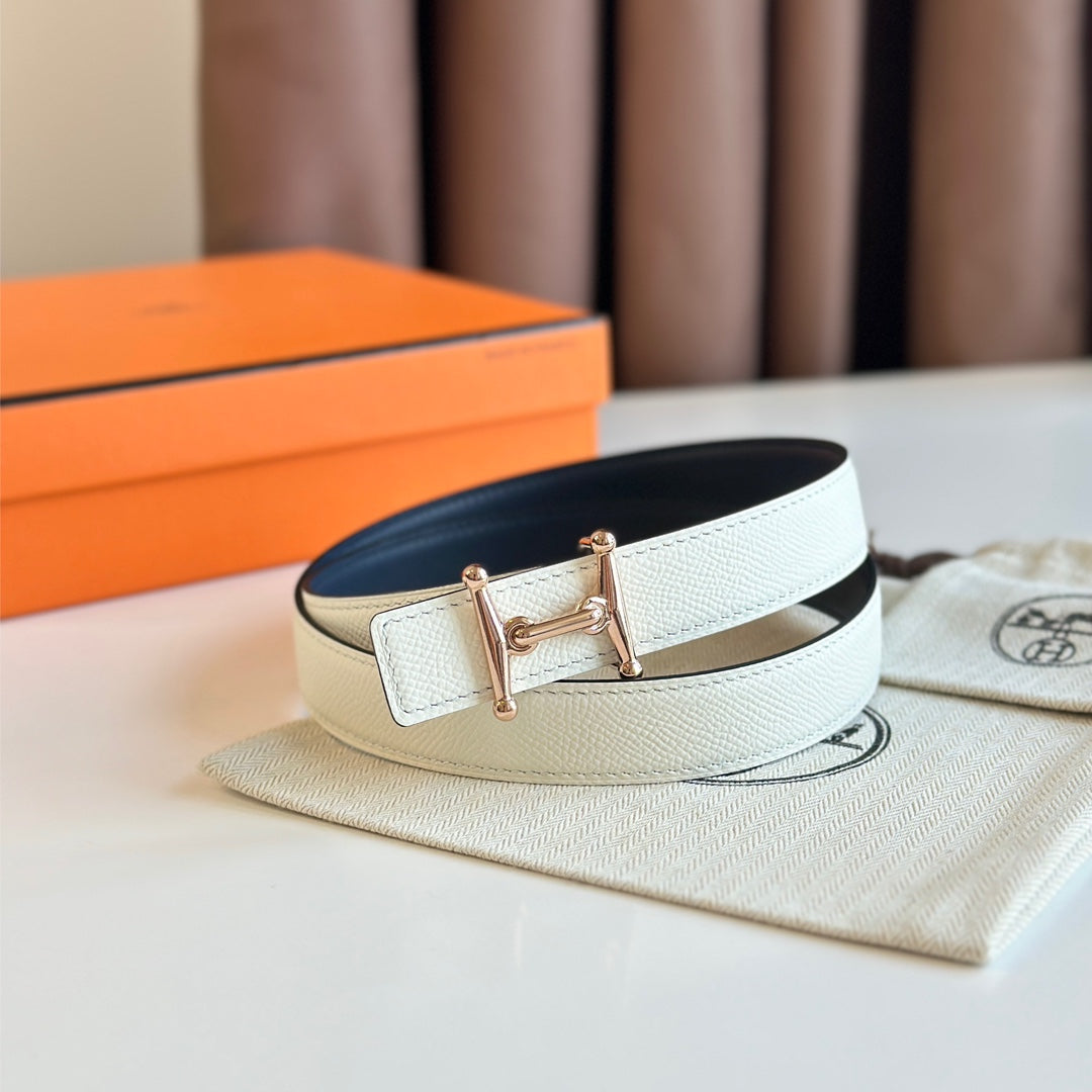 HM Pink Gold Mors H buckle & Reversible 24 mm belt Blue Beige leather 125370