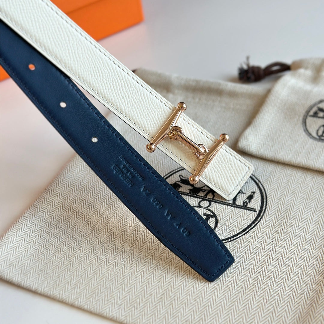 HM Pink Gold Mors H buckle & Reversible 24 mm belt Blue Beige leather 125370