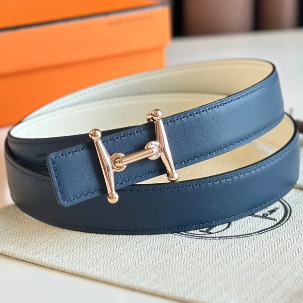 HM Pink Gold Mors H buckle & Reversible 24 mm belt Blue Beige leather 125370
