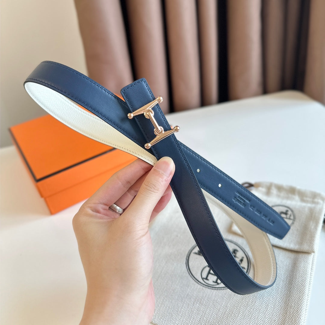 HM Pink Gold Mors H buckle & Reversible 24 mm belt Blue Beige leather 125370