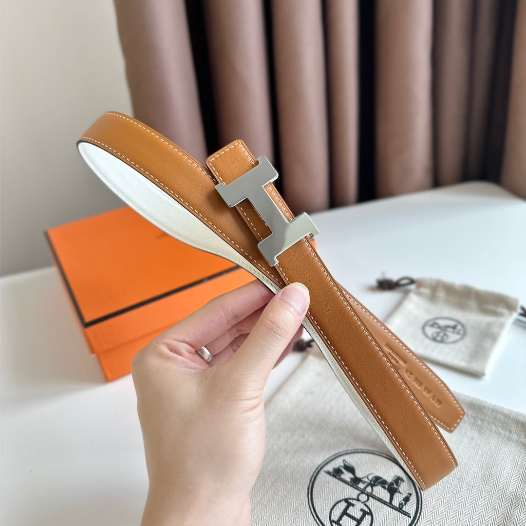 HM Silver Constance & Reverible Belt Brown White Leather 125375
