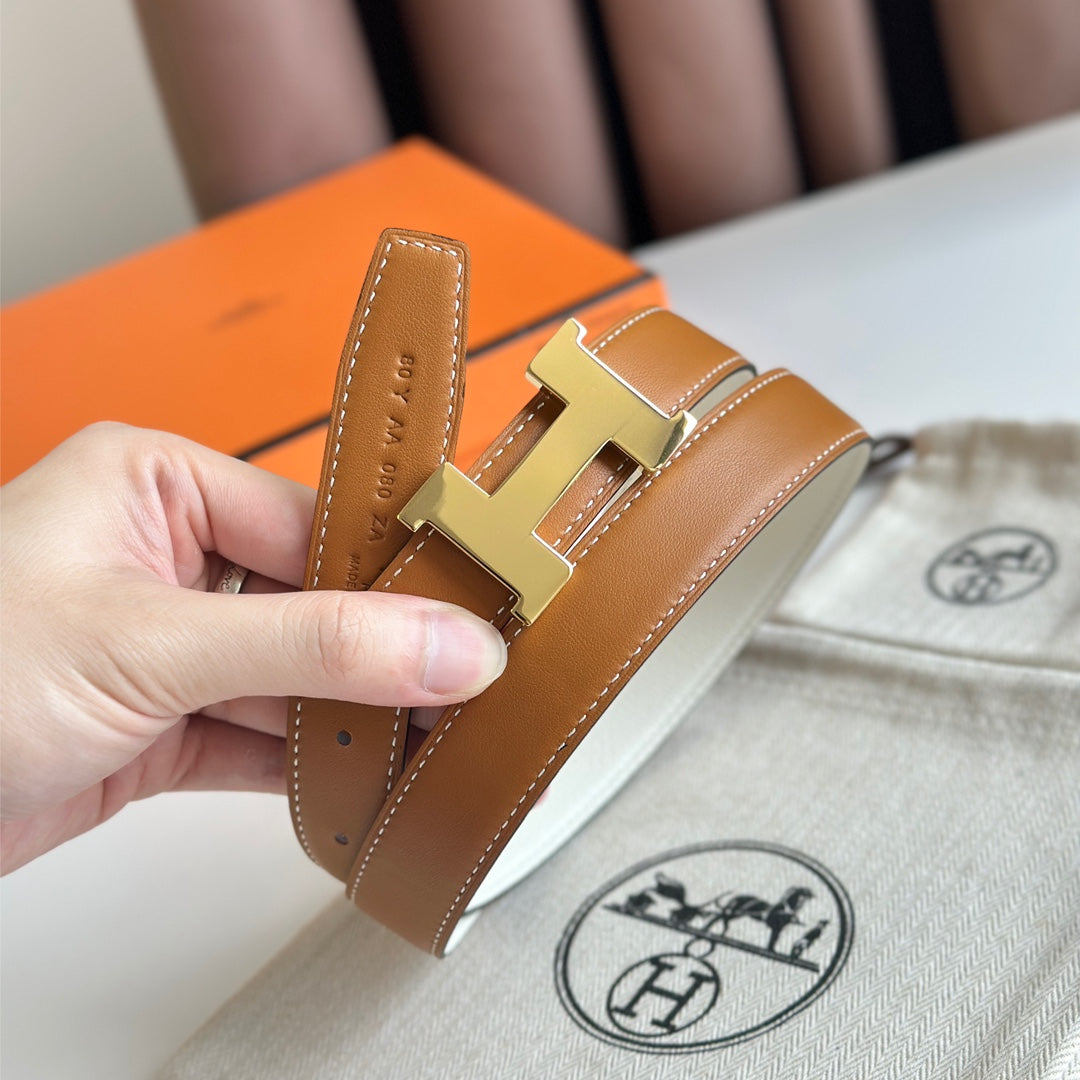 HM Gold Constance & Reverible Belt Brown White Leather 125376