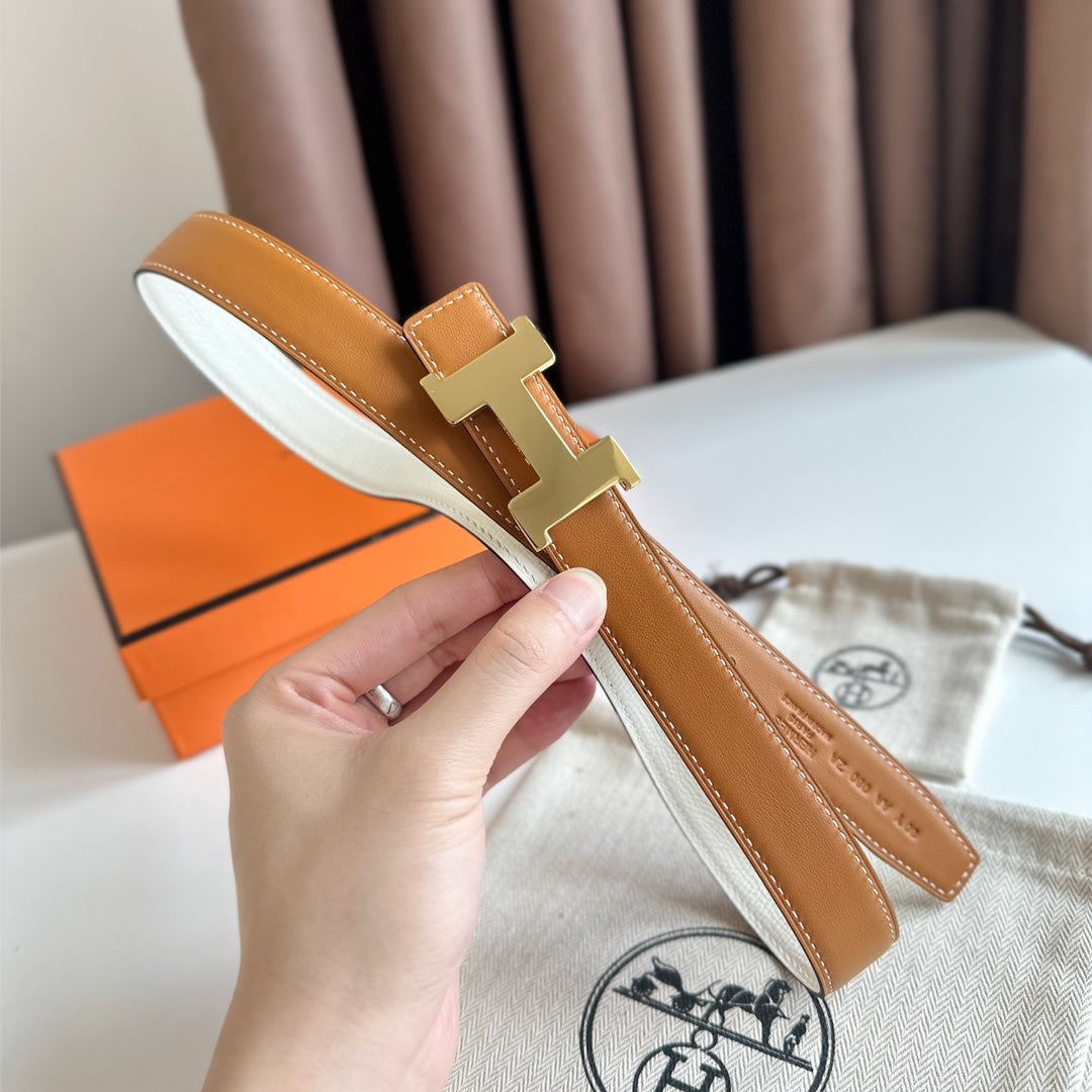 HM Gold Constance & Reverible Belt Brown White Leather 125376