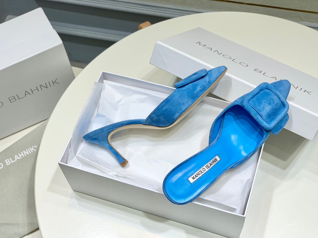 Manolo Mules 7cm Blue Suede Leather Bottom 451192