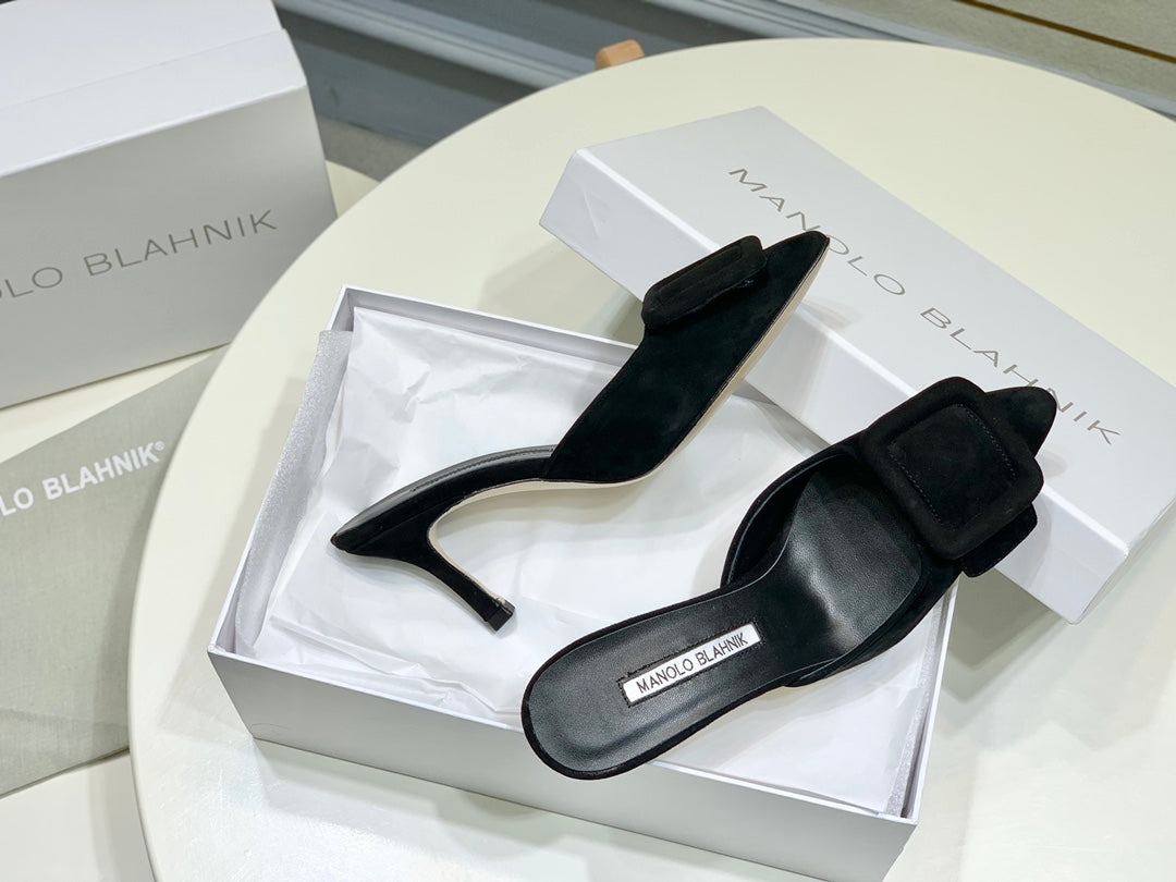 Manolo Mules 7cm Black Suede Leather Bottom 451190