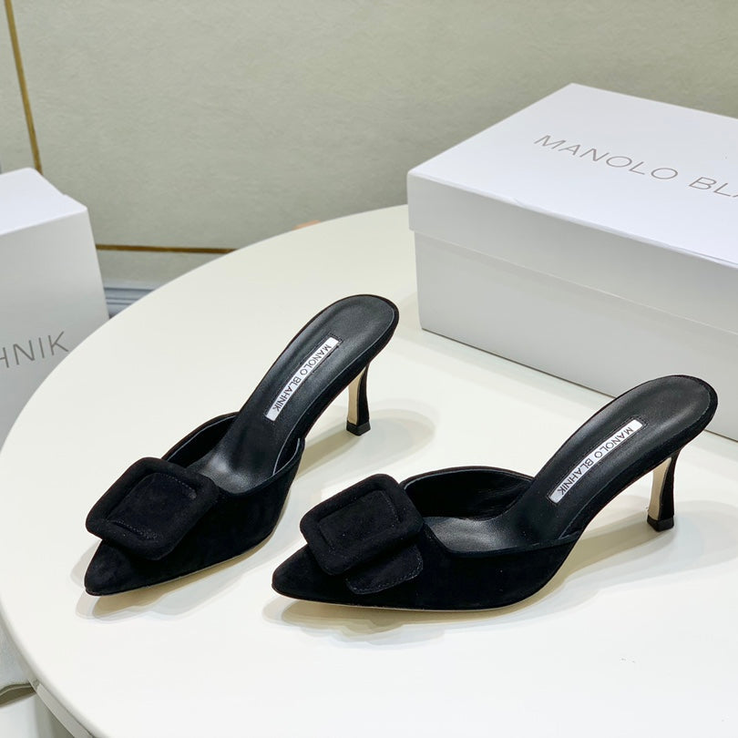 Manolo Mules 7cm Black Suede Leather Bottom 451190