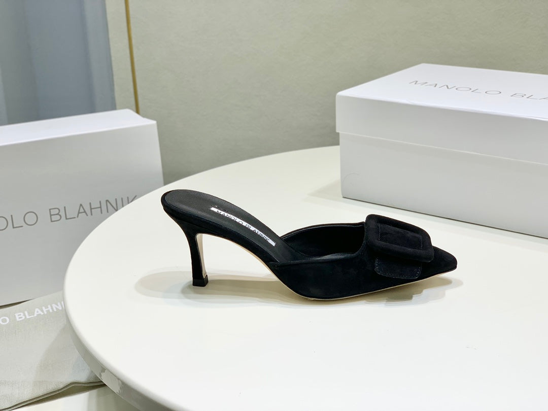 Manolo Mules 7cm Black Suede Leather Bottom 451190